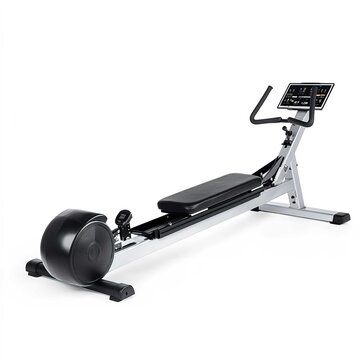 Magnetic rower machine in modern sleek design with black and silver colors in bright studio lighting for fitness equipment catalog