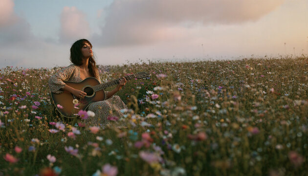 A serene scene of a girl enjoying music in a natural meadow, strumming her guitar as the sun sets behind her. The warm light and calm setting evoke relaxation and inspiration