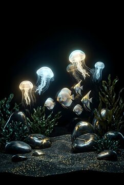 Glowing Jellyfish and Moonfish in Dark Underwater Scene with Serene Ocean Floor