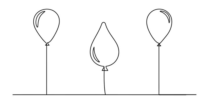 A minimalist black and white line art illustration showing three unique balloons on a flat ground Vector, illustration