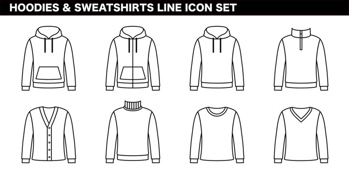 パーカー・スウェット・トップスカテゴリを表現した線画イラストセット フーディー・トレーナー・カジュアルウェアコンセプト