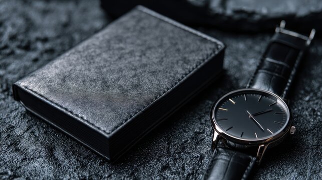 Elegent photo of  black business card mockup placed next to a luxury wristwatch on a dark textured background with copy space for corporate branding design.