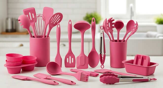 Pink Kitchen Utensils Set for Cooking and Baking.