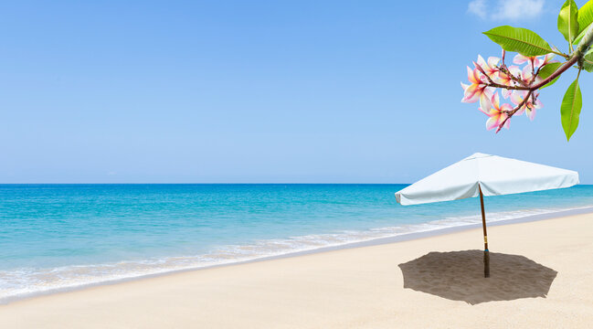 White umbrella with plumeria flower on tropical beach, summer outdoor day light