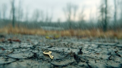 Fototapeta premium Brown ground with key on soil during rainy day in a forest