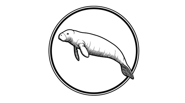 Etched manatee inside a double lined circle, on white, detailed strokes, cute