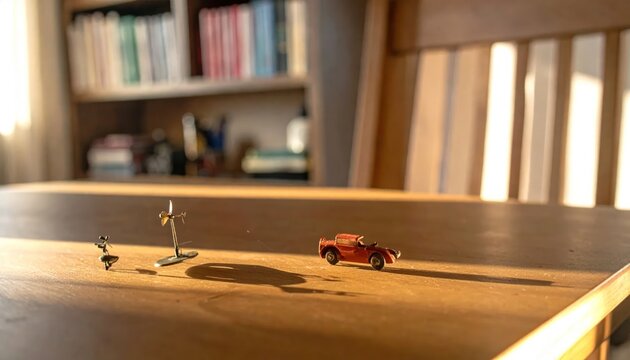 Tiny toy vehicles and windmill sit on a sunlit wooden table