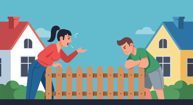 A woman yells at a man over a wooden fence between two suburban residential homes