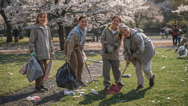 桜シーズン後の公園を笑顔で清掃する30代東アジア人女性ボランティア