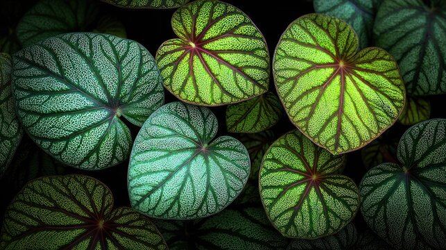 Numerous heart shaped foliage display intricate patterns of bright and deep greens