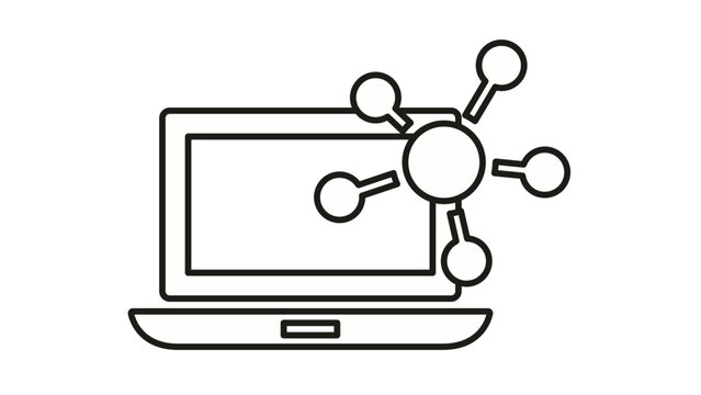 Black line art vector icon illustration of a laptop computer with a network connection symbol on the screen, representing digital connectivity, data sharing, cloud computing, and technology.