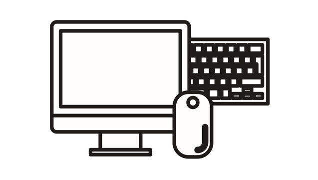 Desktop computer workstation vector icon featuring a monitor, keyboard, and mouse in a clean minimalist line art style, perfect for technology, office, and digital workspace graphic design.