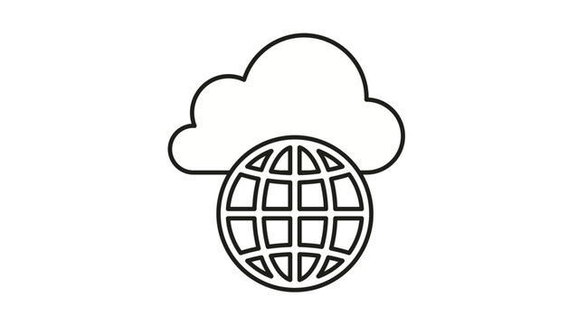 Cloud computing and global network vector icon illustration featuring a minimalist black outline of a cloud with a globe symbol representing worldwide internet connectivity and data storage.