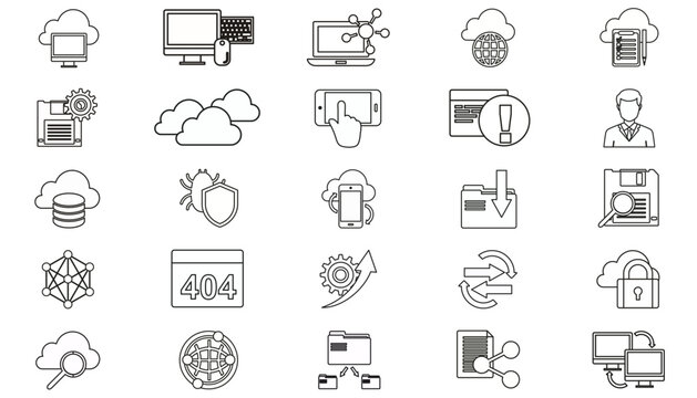 25 Black Vector Icon Set Collection Bundle: Cloud Computing, Data Storage, Cybersecurity, Business Management, Networking, Web Development, Technology Symbols, and Digital Interface Elements for UI.