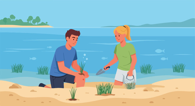 A man and woman kneeling on a beach planting seagrass by the water in summer