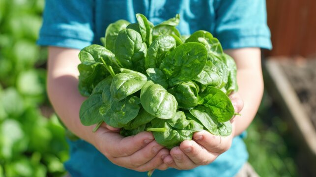 Child holds fresh spinach in a garden under bright sunlight while smiling