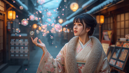 Fototapeta premium 冬の和風の街並みで桜色の泡を吐く着物姿の日本人女性