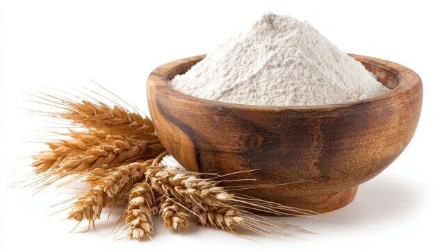 Elegent photo of  bowl of wheat flour isolated on white.