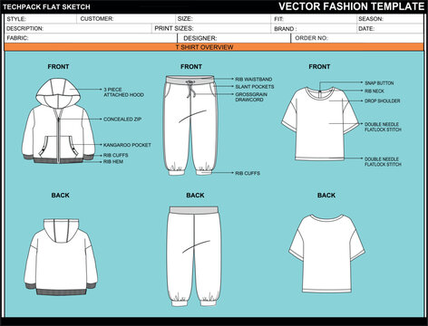 KIDS HOODIE WITH JOGGER 3 PIECE SET DRESS EASY EDITABLE TECHNICAL FLAT SKETCH ILLUSTRATION DESIGN