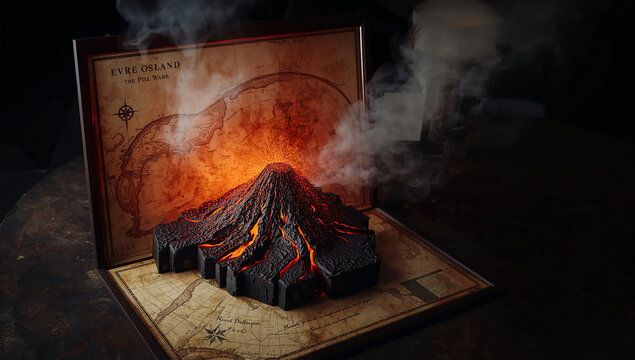 木の壁の地図額から火山島が噴き出す劇的な立体景観