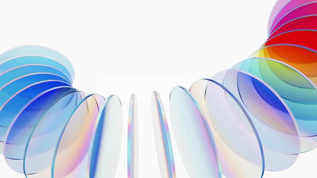 Precise elegant iridescent discs glass plates isolated on white background. Seamless loop.