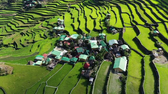 Aerial view of lush green rice terraces surrounding a small village in Batad, Philippines. The landscape features dramatic, layered fields and traditional rural houses.