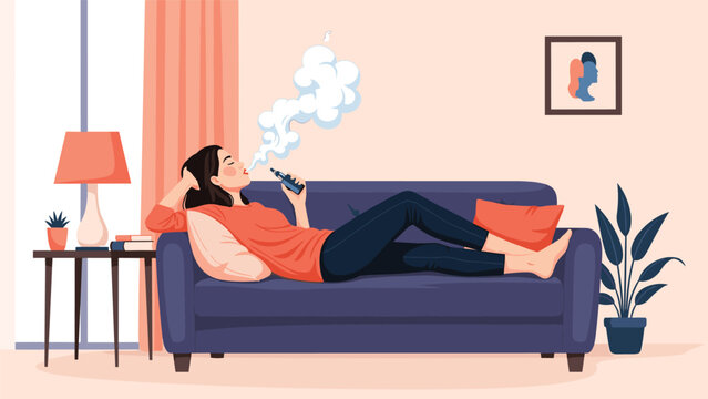 Relaxed woman lying on a comfortable blue sofa vapes with an electronic cigarette while blowing a large cloud of vapor in a modern living room.