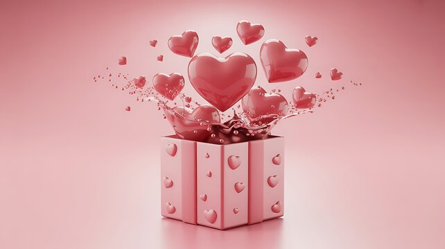 A 3D rendered image shows a pink gift box with hearts exploding out