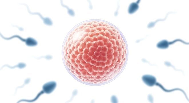 cartoon reproductive concept with central ovum in sharp detail and surrounding sperm forming blurred circular motion, blur and reveal composition, isolated white background, clean educational style
