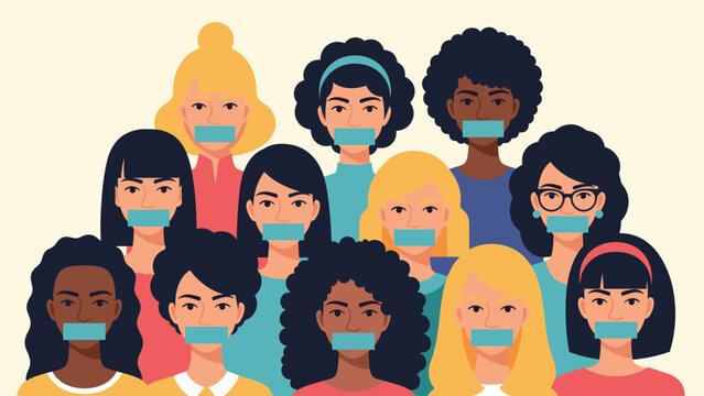 Diverse group of women with blue tape over their mouths stands together to protest against censorship and gender inequality.