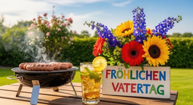 Happy fathers day celebration grilled food vibrant flowers and a festive outdoor scene