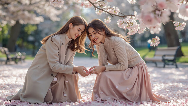 やわらかな春光の桜下で花弁を集め遊ぶ30代欧州系女性同士の偶然