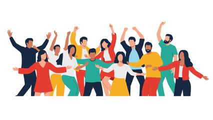 Obraz premium Large diverse group of people in colorful clothing celebrating and dancing together against a plain white background.