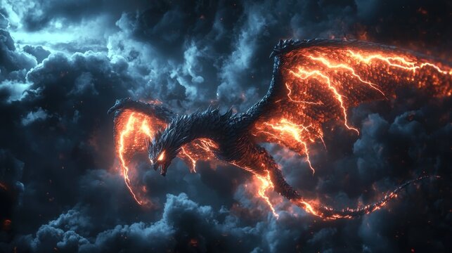 Fire dragon stormy sky