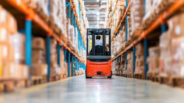 Warehouse worker operates fork truck in storage area during daylight hours
