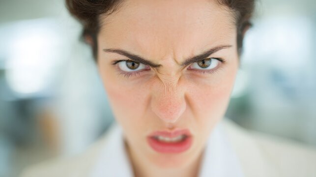 Woman shows anger in office setting during work hours with focused expression
