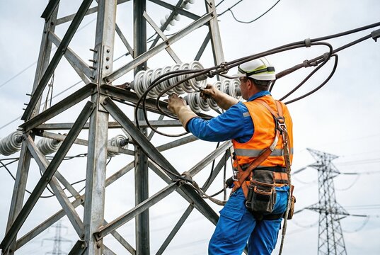 Utility lineman repairing high voltage tower