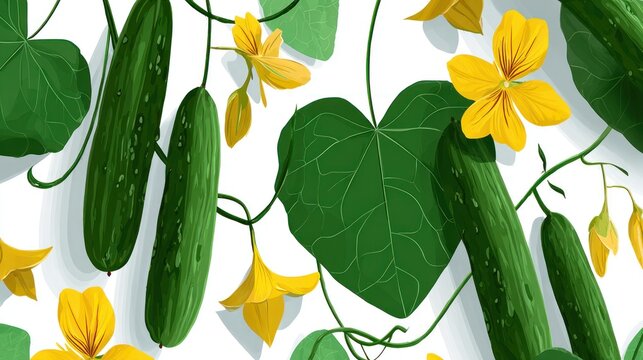 Cucumbers and bright yellow blossoms detail a fresh botanical pattern against a white backdrop