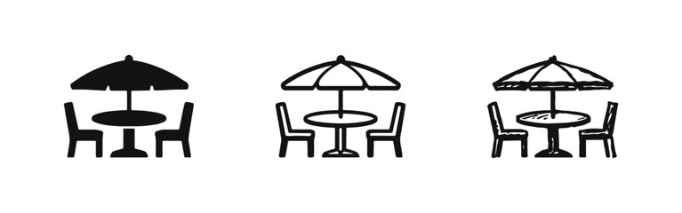 Outdoor cafe patio table and chairs with umbrella icon set © drawing lines