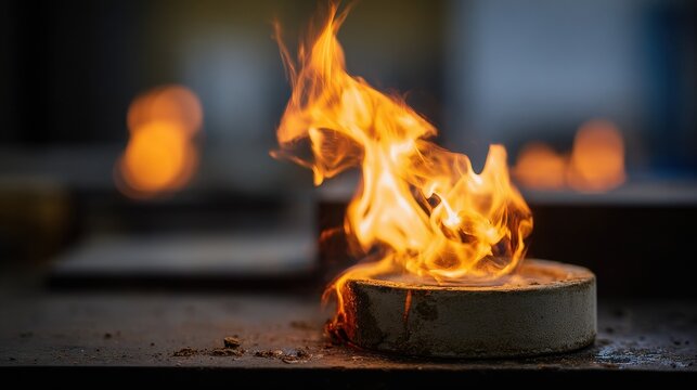 Elegent photo of  close up of flame testing fire retardant material emphasizing fire safety heat resistance and material testing in a controlled setting.