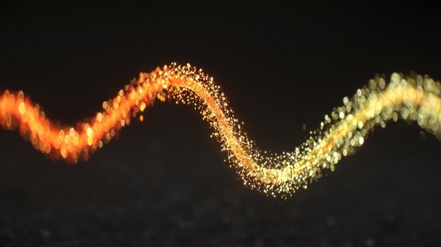Waving stream of luminous golden and orange particles flows across a dark background