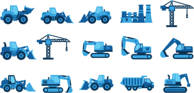 Construction machinery collection with loaders, excavators, cranes and trucks, flat vector illustration set for building, engineering, heavy equipment and industrial design