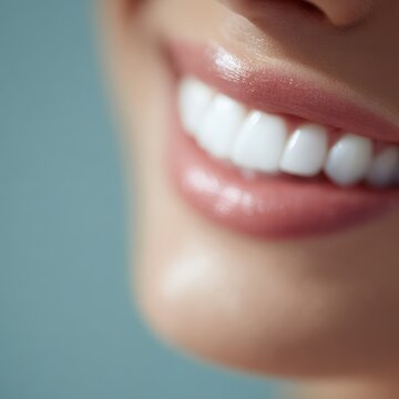 Close up beautiful smile with white teeth, dental care hygiene health concept bright clean background