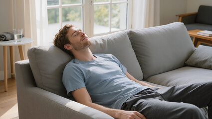 Fototapeta premium Young man relaxing on sofa at home enjoying mental health break for daily life calm and peace