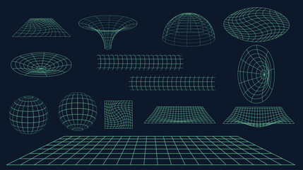 set of Abstract 3D wireframe grid shapes collection with geometric perspective and digital modeling vector illustration © ArtDawn