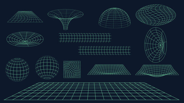 set of Abstract 3D wireframe grid shapes collection with geometric perspective and digital modeling vector illustration