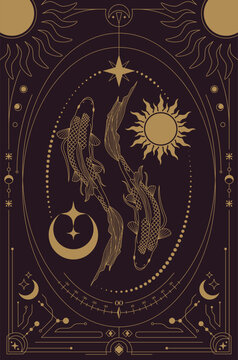 Celestial Koi Balance with Sun and Moon Sacred Geometry