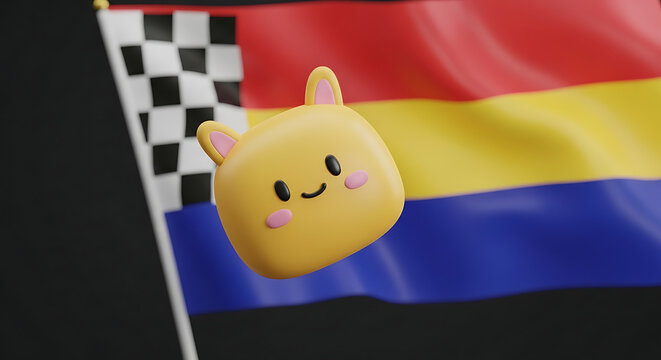 Cute yellow character with pink ears and blushing cheeks against a waving flag with a checkered racing pattern, joy and celebration