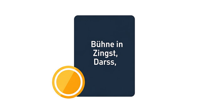 Dark rectangle with German text Buhne in Zingst Darss, next to a yellow coin icon, simple graphic design