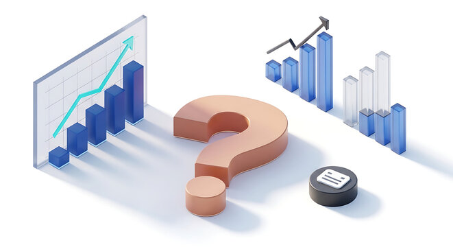 Decision making uncertainty with rising trend graphs and a large question mark, business strategy choices, financial analytics problem